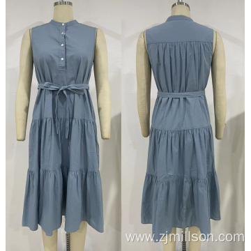 Sleeveless Waist Strap Pleated Design Shirt Dress